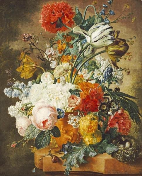 WYBRAND HENDRIKS - TULIPS, AN OPIUM POPPY, HYACINTHS,: Wybrand Hendriks - Tulips, An Opium Poppy, Hyacinths, Anemones, Auricolas, Convolvuli - 29 1/8 X 36 In. - Giclée Print - Gallery Stretched - Ready to hang.