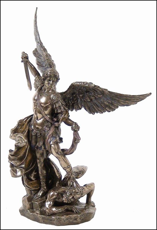 ST. MICHAEL STANDING ON DEMON WITH SWORD - BRONZE: St. Michael Standing On Demon With Sword - Material - Cold Cast Bronze - Size - 10 1/4