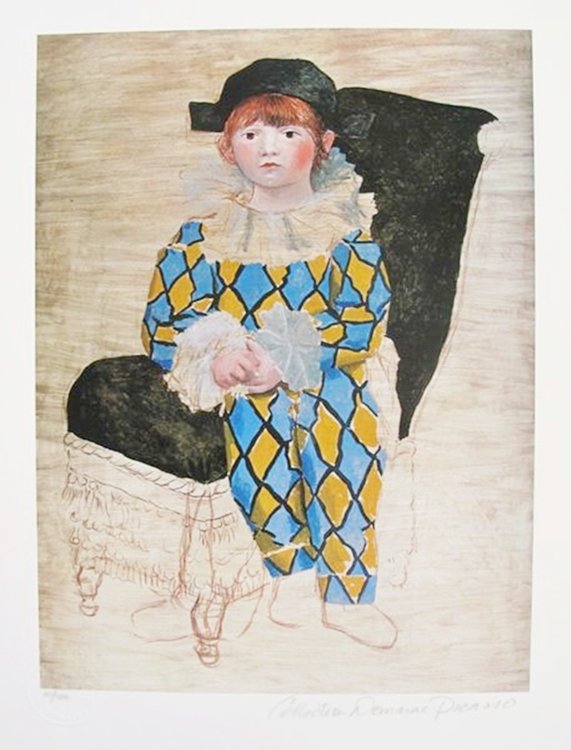 PABLO PICASSO PAUL AS A HARLEQUIN ESTATE SIGNED LIMITED: Pablo Picasso Small Giclee Titled "paul As A Harlequin". This Piece Is Pencil Signed On The Lower Right As 'collection Domaine Picasso' And Has An Embossed Seal Stamped By The Picasso Estate. Pencil N