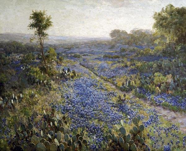 JULIAN ONDERDONK - FIELD OF TEXAS BLUEBONNETS AND: Julian Onderdonk - Field Of Texas Bluebonnets And Prickly Pear Cacti - 16 X 13 In. - Giclée Print - Gallery Stretched - Ready to hang.