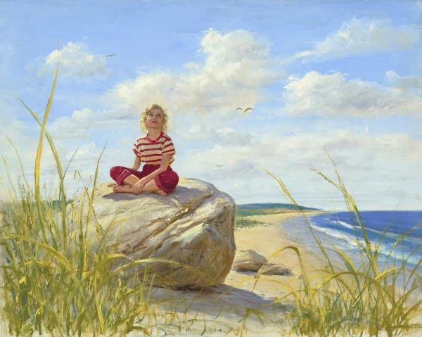 PETER STEVENS - GIRL ON ROCK: Peter Stevens - Girl On Rock - 28 X 22 In. - Giclée Print - Gallery Stretched - Ready to hang.