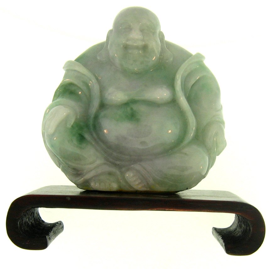 NATURAL GREEN LAVENDER MIX JADEITE STATUARY: Metal: N/A Karat: N/A Stone Size: 2x2 In. Details: Seated Buddha Carving With Wood Stand This Item Is Guaranteed Grade A JADEITE