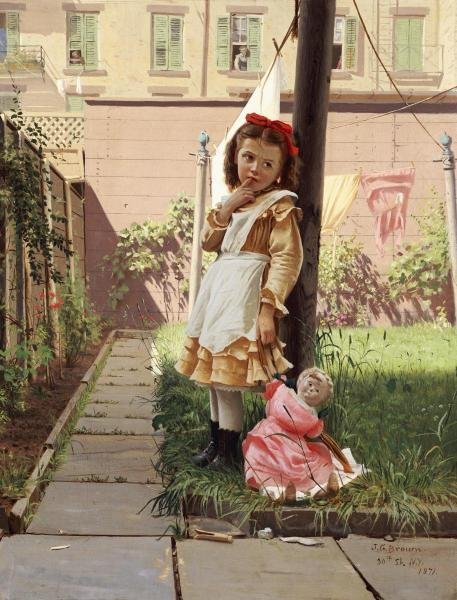 JOHN GEORGE BROWN - YOUNG GIRL IN A NEW YORK GARDEN: John George Brown - Young Girl In A New York Garden - 30 1/2 X 40 In. - Giclée Print - Gallery Stretched - Ready to hang.