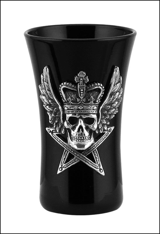 WINGED SKULL WITH CROWN ON PENTAGRAM SHOT GLASS: Winged Skull With Crown On Pentagram Shot Glass - Material - Glass & Pewter - Size - (h) 3 3/8