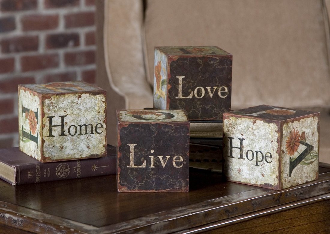 LOVE LETTERS DECORATIVE BOXES, SET/4: LOVE LETTERS DECORATIVE BOXES, SET/4 - EACH BLOCK IS ADORNED WITH COLORFUL ARTWORK IN WHICH LETTERS CAN BE PUT TOGETHER TO SPELL, LOVE, HOME OR LIVE. - EACH BLOCK HAS EITHER THE WORD LOVE, LIVE, HOME