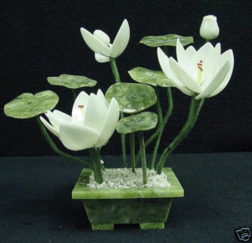 REAL WHITE JADE LOTUS: Real White Jade Lotus - L 7", H 6", W 6". - The Beautiful Lotus Flower Made From Genuine Jade In Guangzhou, China. Its Leaf Is Made Of Taiwan Jade And Its Stem Is Made Of Wire Covered With Silk. It Is