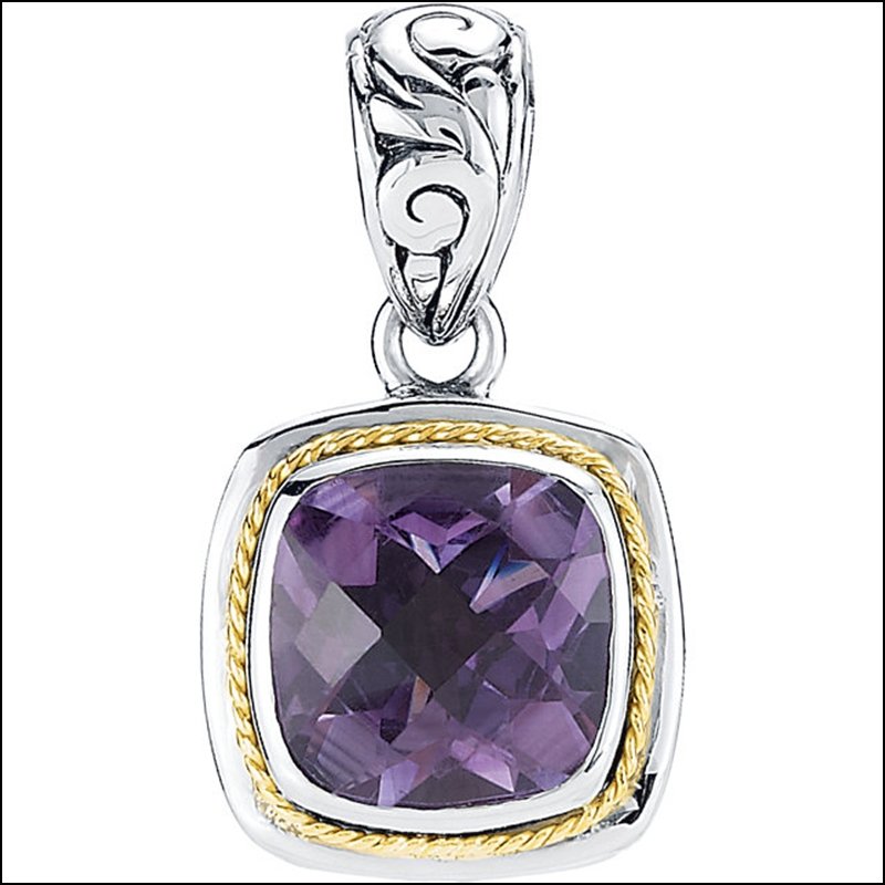 FILIGREE DESIGN PENDANT: FILIGREE DESIGN PENDANT - Sterling Silver & 18K Yellow / Pendant / Complete With Stone / 24.00 X 14.00 Mm / Cushion / 10.00 Mm / Amethyst / Polished / Amethyst Pendant - Weight: 3.78DWT - GramWeight: 