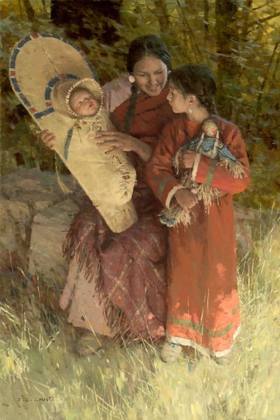 Z.S. LIANG - BENEATH THE COTTONWOODS: Z.s. Liang - Beneath The Cottonwoods - Hand Signed - Limited Edition Canvas - Image Size: 20"w X 30"h. Limited Edition Of: 25 - “maternal Love Is In All Races Of Mankind. Blackfoot Girls Married You