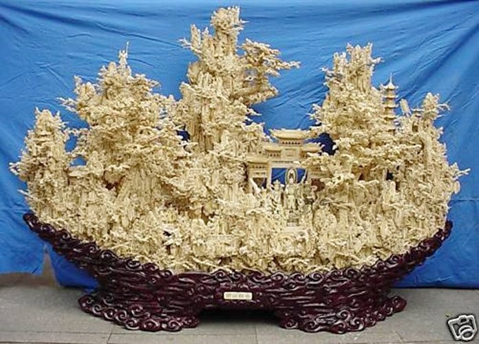 HUGE BONE KWANYIN MOUNTAIN: Huge Bone Kwanyin Mountain - Length: 80 Inches, Width: 24 Inches, Height: 55 Inches. - This Beautiful Artwork Is Made From Natural Water Bufalo Bones. All Hand Carved. It Took 3 Sculptors 3 Months To 