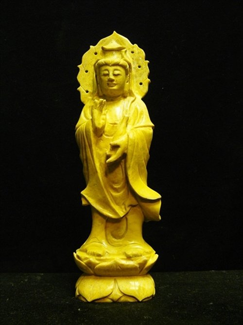 YELLOW JADE STANDING KWANYIN: Yellow Jade Standing Kwanyin - Wide 3.5", Deep 2", High 11.5" - Yellow Jade Standing Kwanyin, Made From One Solid Piece Of Jade. Very Detailed.