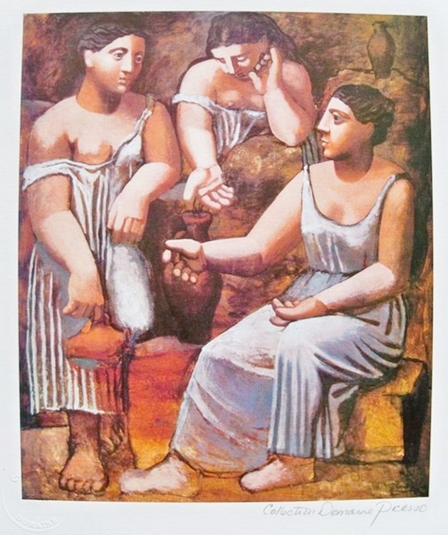 PABLO PICASSO THREE SISTERS ESTATE SIGNED LIMITED ED.: Pablo Picasso Small Giclee Titled "three Sisters". This Piece Is Pencil Hand Signed On The Lower Right As 'collection Domaine Picasso' And Has An Embossed Seal Stamped By The Picasso Estate. Pencil Nu