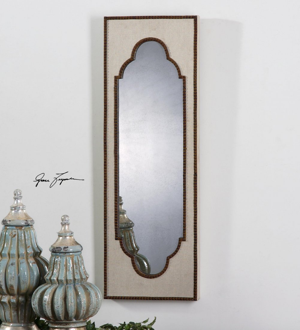 SAMIR ANTIQUE MIRROR: SAMIR ANTIQUE MIRROR - BEIGE LINEN WRAP WITH RUSTY BEADED DETAILS AND AN ANTIQUED MIRROR. - FRAME FEATURES A BEIGE LINEN WRAP ACCENTED BY RUSTY, BEADED DETAILS SURROUNDING AN ANTIQUED MIRROR. MAY BE H