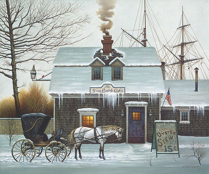 CHARLES WYSOCKI - BELLY WARMERS: Charles Wysocki - Belly Warmers - Hand Signed Image Size: 12"w X 10"h. - Come In Out Of The Cold Into The Happy Glow Of Charles Wysocki’s "belly Warmers." In This Charming Seaside Scene, A Ship Has 