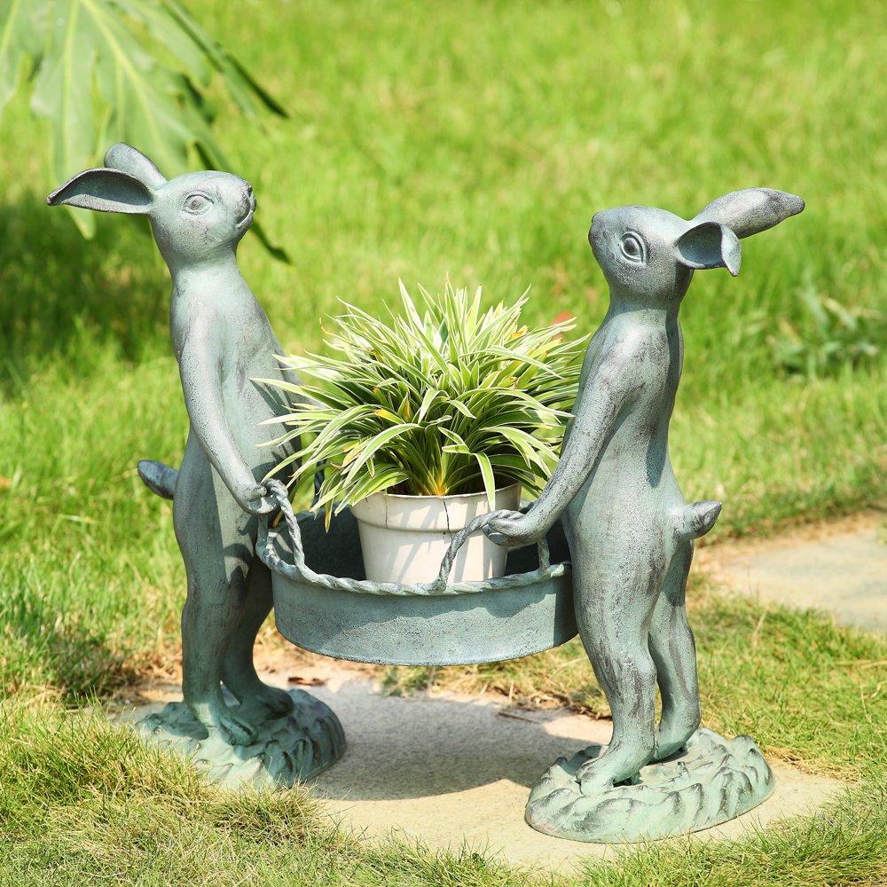 BUNNY GARDENERS POT HOLDER: Bunny Gardeners Pot Holder - Weight: 9.00 Lbs - Size: 15.5"H 9"W 14"D - Material: ALUMINUM