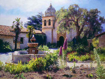 JUNE CAREY - SPRINGTIME IN THE MISSION GARDEN: June Carey - Springtime In The Mission Garden - Hand Signed - Limited Edition Canvas - Image Size: 13"w X 10"h. Limited Edition Of: 275 - Spring Comes Early To The Gardens Of Mission San Carlos De Bor