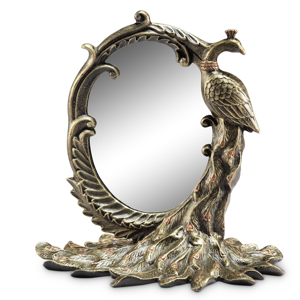 PEACOCK TABLE MIRROR: Peacock Table Mirror - Weight: 3.15 Lbs - Size: 12"H 11"W 9.5"D - Material: ALUMINUM