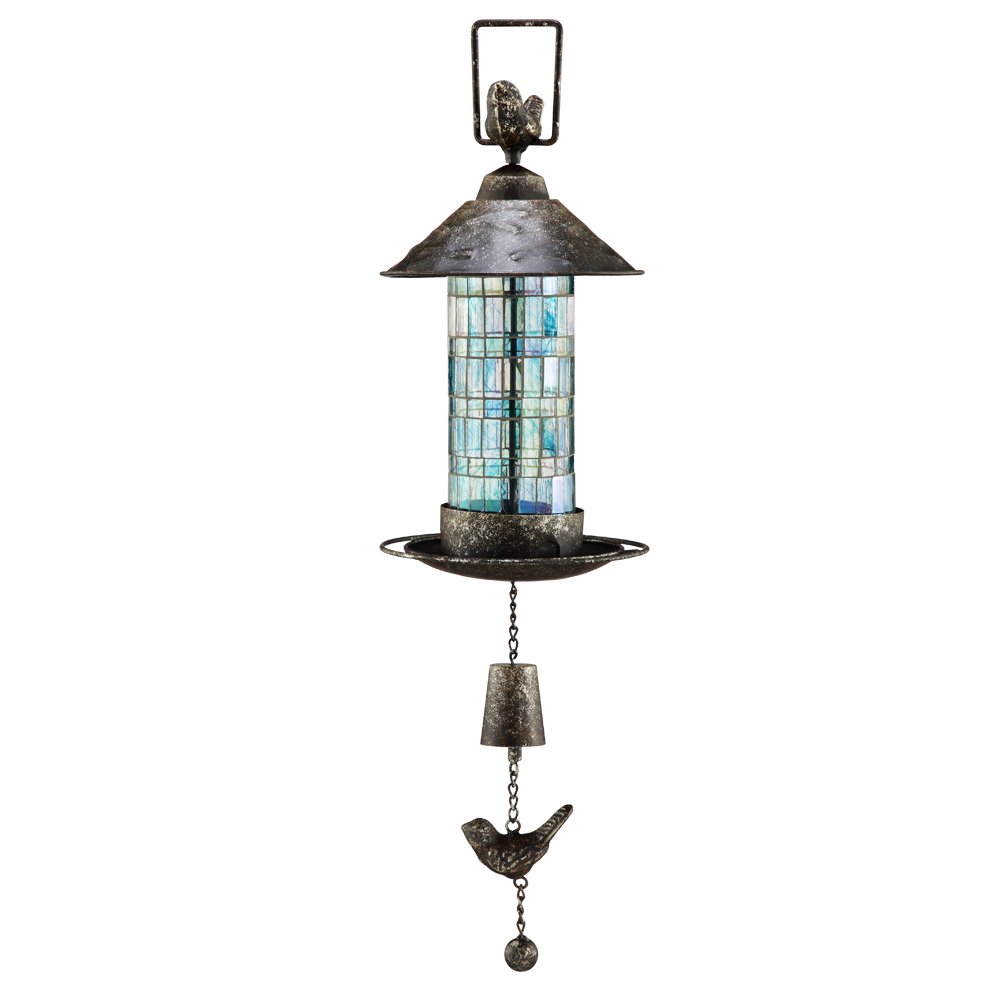 BLUE GLASS BIRDFEEDER WITH BIR: Blue Glass Birdfeeder with Bir - Weight: 2.3 Lbs - Size: 20"H 6.5"D - Material: GLASS