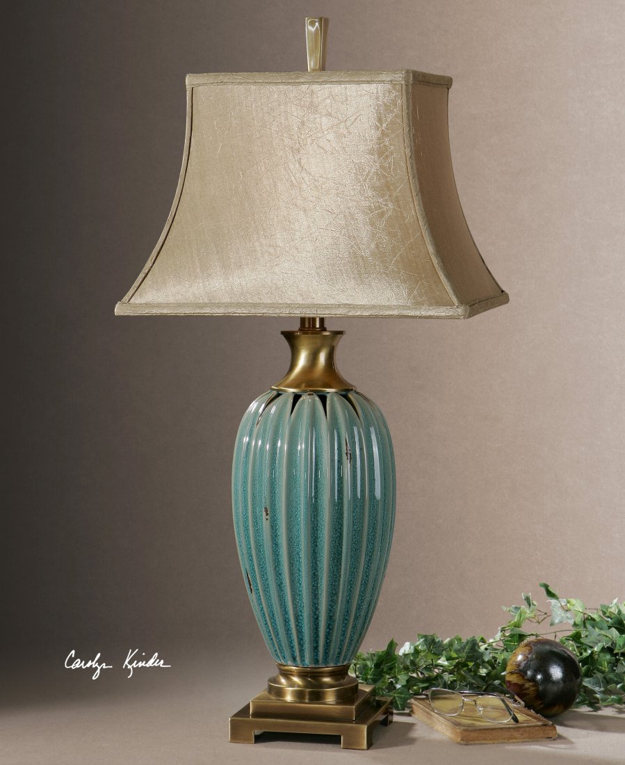 ANGELICA BLUE TABLE LAMP: ANGELICA BLUE TABLE LAMP - DISTRESSED CRACKLE BLUE CERAMIC WITH RUST UNDERTONES AND COFFEE BRONZE DETAILS. - DISTRESSED CRACKLE BLUE CERAMIC WITH RUST UNDERTONES AND COFFEE BRONZE DETAILS.THE RECTANGL