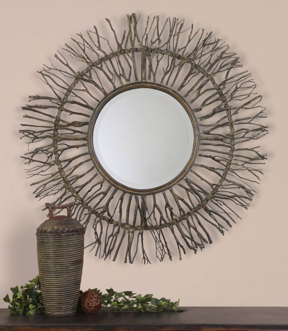 JOSIAH WOVEN MIRROR: JOSIAH WOVEN MIRROR - REAL BIRCH BRANCHES WITH BURNISHED EDGES AND LIGHT GRAY ACCENTS ARE WOVEN ONTO A WOOD FRAME. - FRAME IS MADE OF REAL BIRCH BRANCHES WOVEN ONTO A WOODEN FRAME WITH BURNISHED EDGES