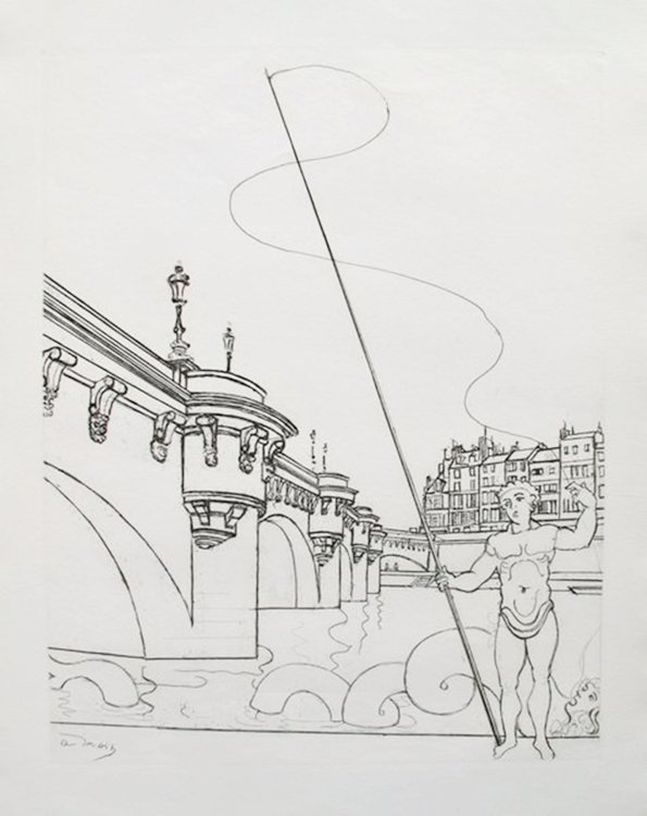 ANDRE DERAIN LE PONT NEUF RESTRIKE ETCHING: Andre Derain Restrike Etching Titled "Le Pont Neuf". Made On Thin Handmade Laid Paper; Signed Signature In The Plate, Lower Left. Image Measures 13" X 10¼" On 17½ X 12½" Paper. In Excellent Conditi