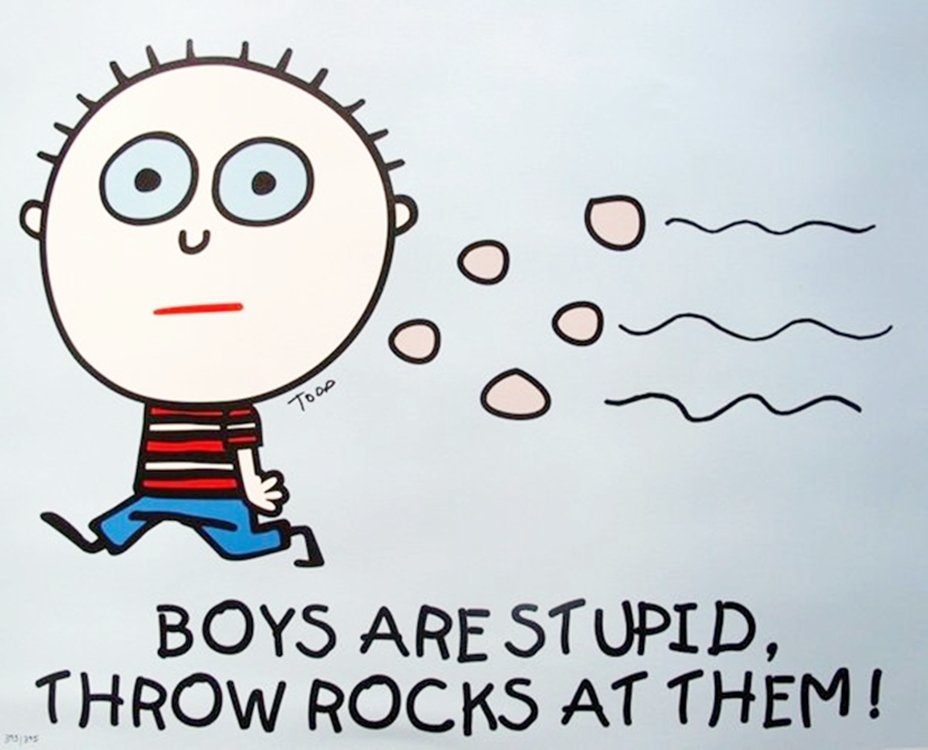 TODD GOLDMAN "BOYS ARE STUPID" HAND SIGNED LIMITED: You Will Be Bidding On A Hand Signed Large Original Giclee On Canvas Titled “boys Are Stupid, Throw Rocks At Them” By Todd Goldman. This Piece Is Numbered From An Edition Of 395. Hand Signed By Th