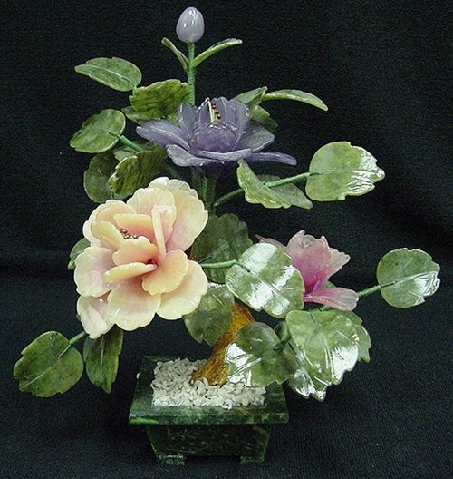 MIXED JADE BONSAI FLOWERS: Mixed Jade Bonsai Flowers - Size: Wide 12", Deep 8", High 13" - This Beautiful Flowers Is Made From Natural Jade. The Branches Can Be Bent Over.