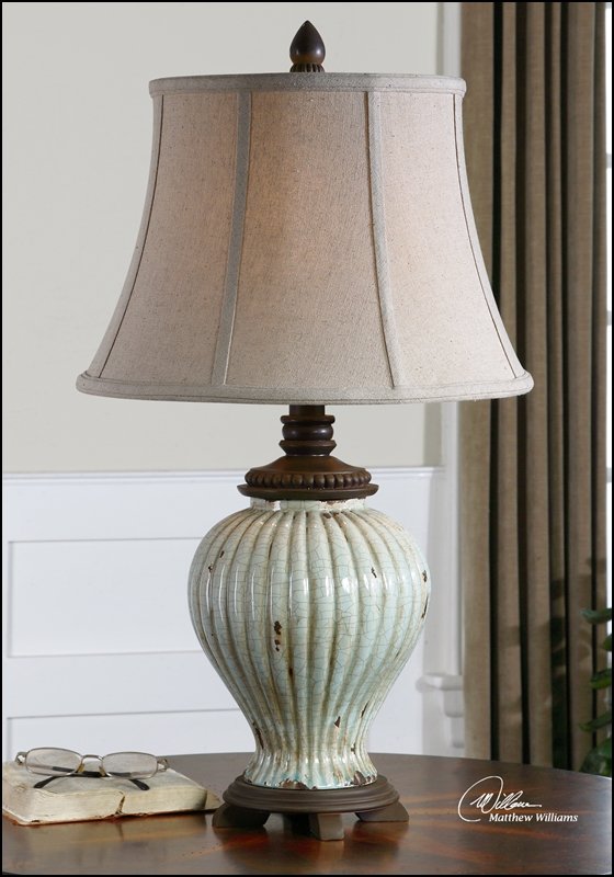 DERNICE AGED CERAMIC TABLE LAMP: DERNICE AGED CERAMIC TABLE LAMP - HEAVILY CRACKLED, AGED IVORY BLUE CERAMIC WITH RUST DISTRESSING AND CHOCOLATE BRONZE DETAILS. - HEAVILY CRACKLED, AGED IVORY BLUE CERAMIC WITH RUST DISTRESSING AND CH