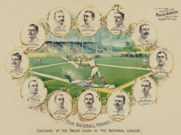VINTAGE SPORTS - OUR BASEBALL HEROES - CAPTAINS OF THE: Vintage Sports - Our Baseball Heroes - Captains Of The Twelve Clubs In The National League - 40 X 30 In. - Giclée Print - Gallery Stretched - Ready to hang.