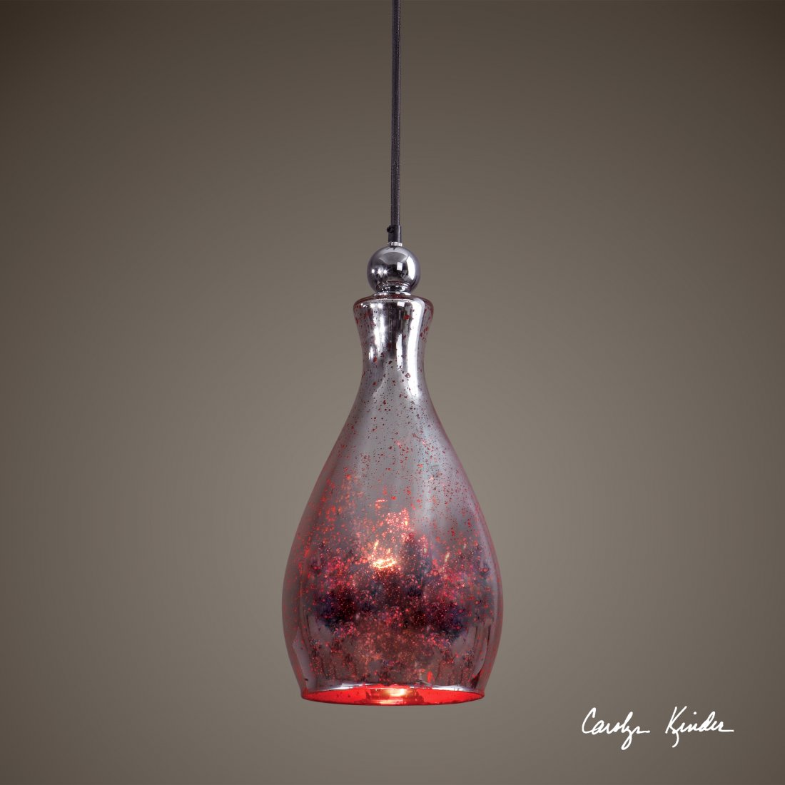 SARDINIA 1 LIGHT MINI PENDANT: SARDINIA 1 LIGHT MINI PENDANT - RED MERCURY GLASS WITH PLATED CHROME ACCENTS. - RED MERCURY GLASS WITH PLATED CHROME ACCENTS. VOLTAGE: 110 MATERIAL: METAL,GLASS OVERALL HEIGHT IN INCHES: 17 WEIGHT IN