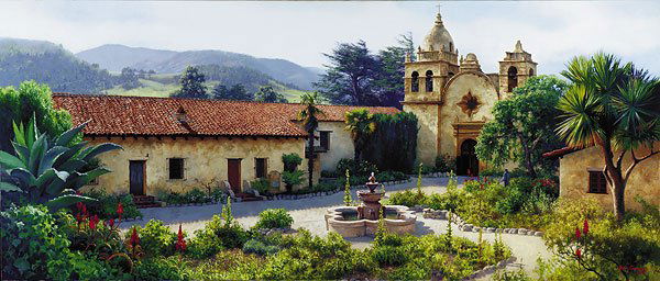 JUNE CAREY - THE MISSION COURTYARD: June Carey - The Mission Courtyard - Hand Signed - Limited Edition Print - Image Size: 32"w X 13 3/4"h. Limited Edition Of: 550 - "this Is Carmel's Mission San Carlos Borromeo, Founded In 1770. I Was