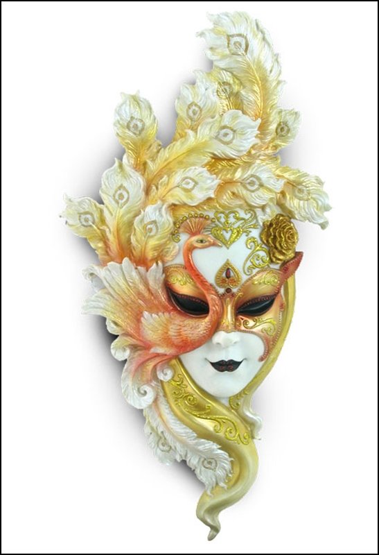 PEACOCK MASK WALL PLAQUE(WHITE & GOLD): Peacock Mask Wall Plaque(white & Gold) - Material - Poly Stone - Size - (l) 22 1/8