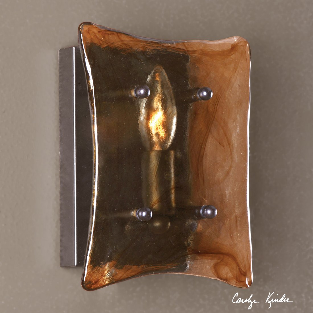 VETRAIO II 1 LIGHT GLASS WALL SCONCE: VETRAIO II 1 LIGHT GLASS WALL SCONCE - OIL RUBBED BRONZE METAL WITH TOFFEE ART GLASS. - HAND MADE TOFFEE ART GLASS SUSPENDED BY OIL RUBBED BRONZE DETAILS MINGLE TOGETHER FOR AN IMPRESSIVE COLLECTION.