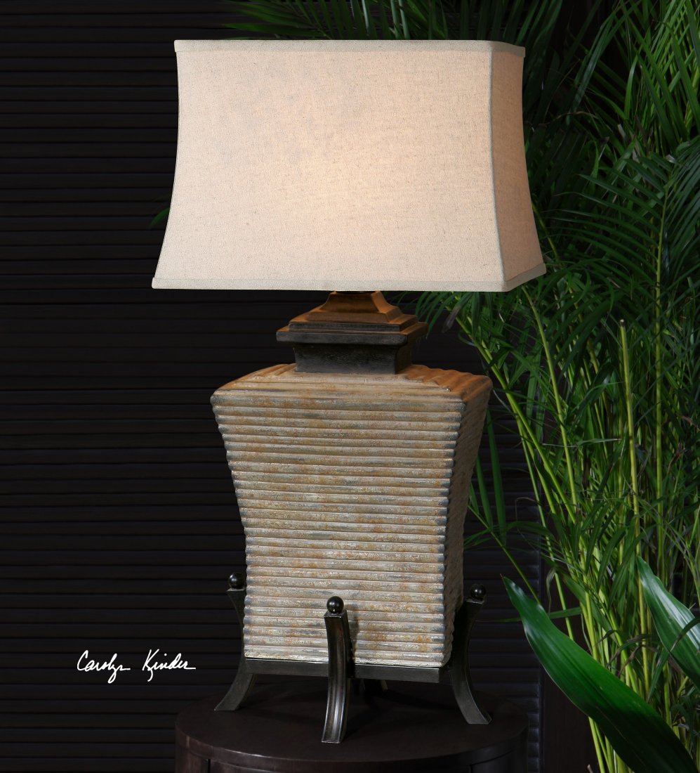 SEGURA CONCRETE TABLE LAMP: SEGURA CONCRETE TABLE LAMP - AGED CONCRETE WITH RUST ANTIQUING ACCENTED WITH DARK BRONZE DETAILS. FOR INDOOR/OUTDOOR USE. - AGED CONCRETE BASE WITH RUST ANTIQUING ACCENTED WITH DARK BRONZE DETAILS. TH