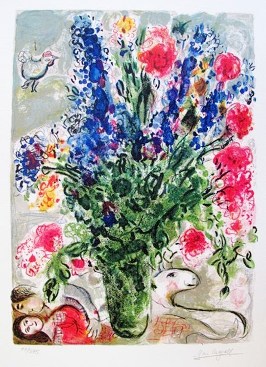 MARC CHAGALL LES LUPINS BLEUS LIMITED ED. SMALL GICLÉE: Marc Chagall Giclee Titled "Les Lupins Bleus". This Piece Is Facsimile Signed On The Lower Right And Is Pencil Numbered On The Lower Left From An Edition Of 375. Paper Measures Approximately 15" X 11"