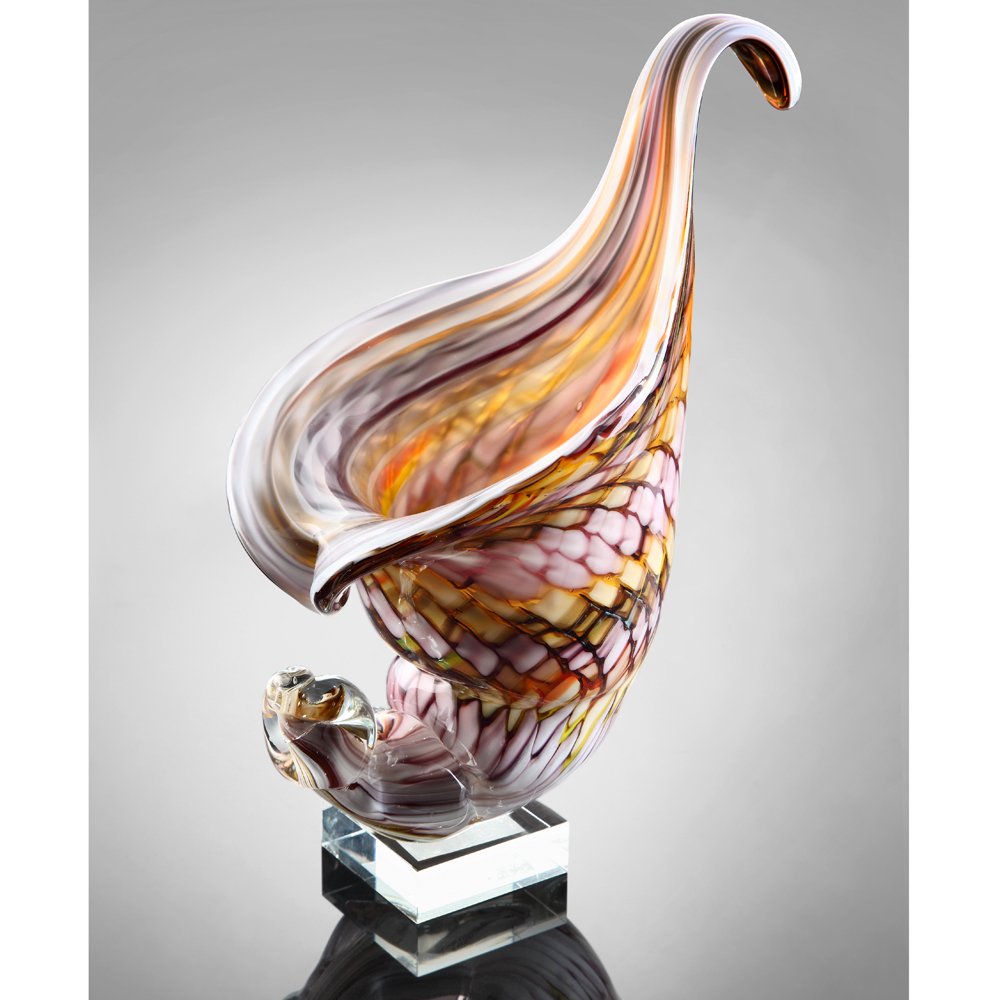 ART GLASS CURLED CONCH SHELL: Art Glass Curled Conch Shell - Weight: 4.00 Lbs - Size: 10.5"H 7"W 6"D - Material: GLASS