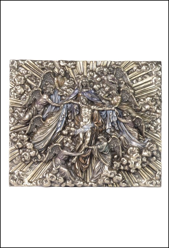 MADONNA HOLDING JESUS WITH ANGELS WALL PLAQUE -: Madonna Holding Jesus With Angels Wall Plaque - Material - COLD-CAST BRONZE - Size - 12 1/4
