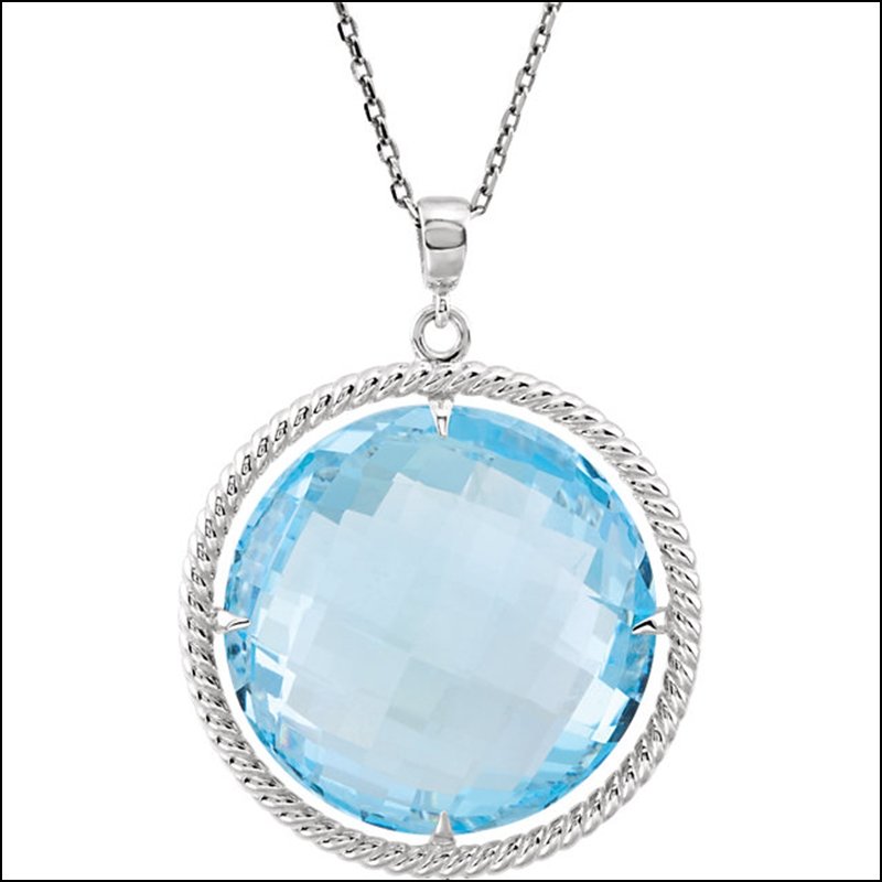 ROUND SHAPED DANGLE PENDANT OR NECKLACE: ROUND SHAPED DANGLE PENDANT OR NECKLACE - Sterling Silver / Necklace / Complete With Stone / Round / 20.00 Mm / Sky Blue Topaz / Polished / 18 Inch Necklace - Weight: 1.777DWT - GramWeight: 2.76