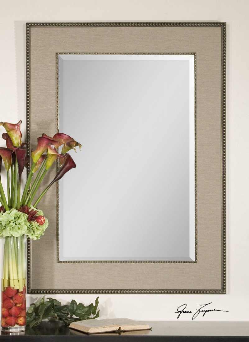 MARILLA BEADED SILVER MIRROR: MARILLA BEADED SILVER MIRROR - HEAVILY BURNISHED BEADED FRAME WITH ANTIQUED SILVER HIGHLIGHTS AND A TAUPE LINEN MATTE. - FRAME'S INNER AND OUTER EDGES FEATURE A DELICATE BEADING DETAIL WITH A HEAVILY