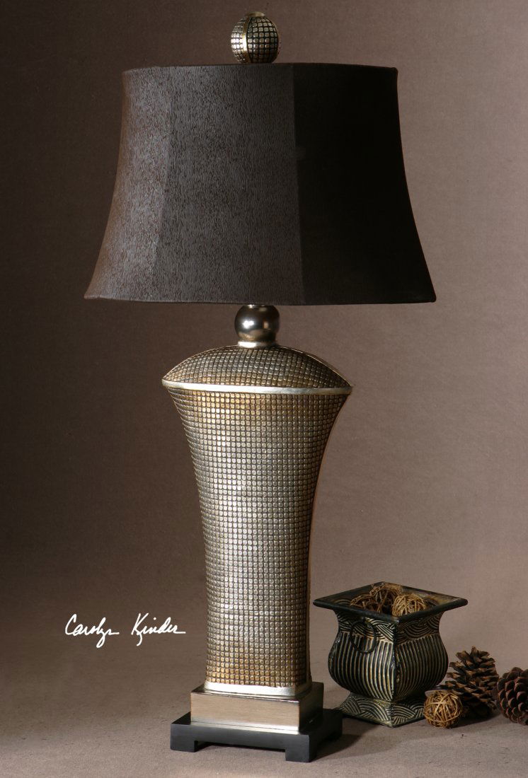 AFTON ANTIQUE SILVER TABLE LAMP: AFTON ANTIQUE SILVER TABLE LAMP - LIGHTLY ANTIQUED SILVER CHAMPAGNE LEAF WITH ANTIQUED CAST ALUMINUM ACCENTS. - THIS LAMP IS FINISHED IN A LIGHTLY ANTIQUED SILVER CHAMPAGNE LEAF WITH ANTIQUED CAST ALU