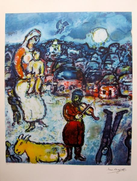 MARC CHAGALL "FIDDLER ON THE ROOF" FACSIMILE SIGNED &: Marc Chagall Lithograph Titled "Fiddler On The Roof". This Subject Is Facsimile Signed Which Means It Has A Copy Of Chagall's Signature. This Lithograph Is Pencil Numbered From A Limited Edition Of 40