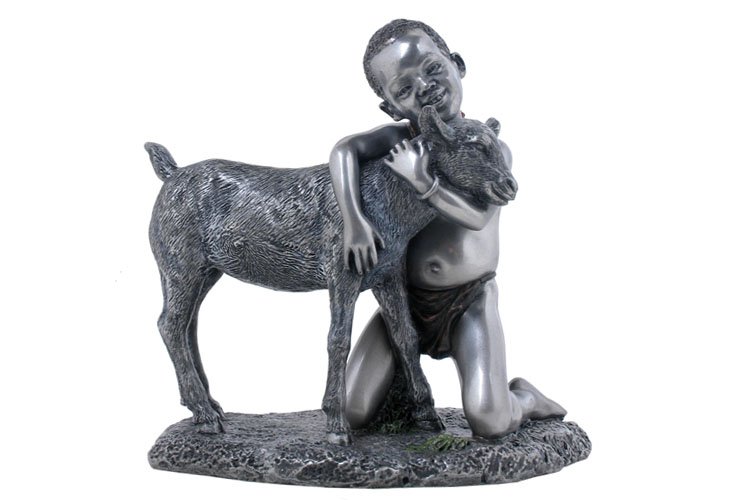 MAASAI KID HUGGING GOAT - COLD-CAST BRONZE: Maasai Kid Hugging Goat - Material - COLD-CAST BRONZE - Size - 4 3/4