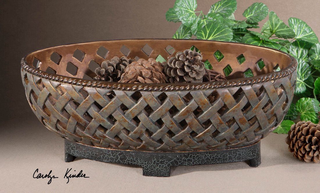 TENEH LATTICE WEAVE DESIGN BOWL: TENEH LATTICE WEAVE DESIGN BOWL - COPPER BRONZE WITH A VERDIGRIS GLAZE AND BLACK CRACKLED BASE. - THIS DECORATIVE BOWL FEATURES A LATTICE WEAVE DESIGN AND HAS A COPPER BRONZE FINISH WITH A VERDIGRIS G