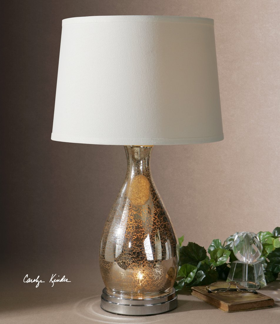 SARDINIA SILVER TABLE LAMP: SARDINIA SILVER TABLE LAMP - ANTIQUED MERCURY GLASS ACCENTED WITH POLISHED CHROME PLATED DETAILS. THIS LAMP ALSO HAS A NIGHT LIGHT FUNCTION IN THE GLASS BASE USING A 7 WATT CANDELABRA BULB, (CANDELABR