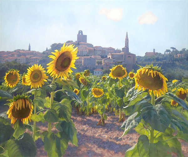 JUNE CAREY - SUNFLOWERS OF CASTIGLION FIORENTINO: June Carey - Sunflowers Of Castiglion Fiorentino - Hand Signed - Limited Edition Canvas - Image Size: 24"w X 20"h. Limited Edition Of: 75 - Tuscany, Against The Foothills Of The Apennine Mountains Sit