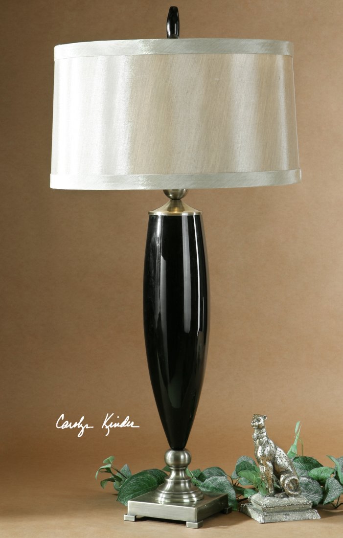 GARVEY BLACK GLASS TABLE LAMP: GARVEY BLACK GLASS TABLE LAMP - BLACK BLOWN GLASS WITH ANTIQUE BRONZE METAL DETAIL. - THIS TABLE LAMP IS MADE OF BLACK BLOWN GLASS WITH ANTIQUE BRONZE METAL DETAIL. THE ROUND SHADE IS A SILKEN CHAMPAG