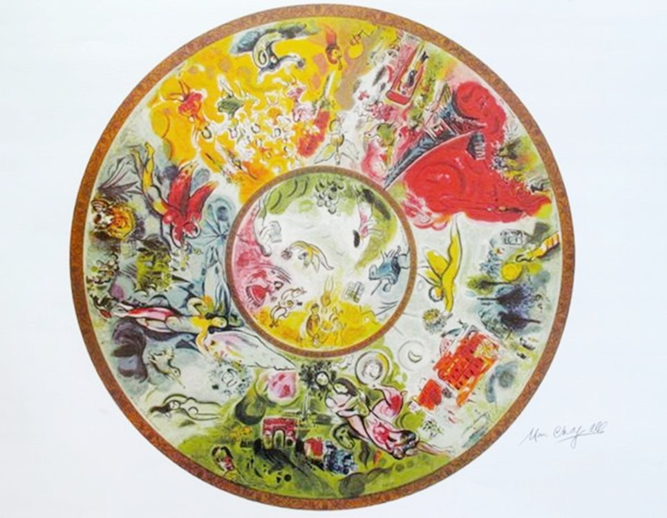MARC CHAGALL PARIS OPERA CEILING LIMITED ED. LITHOGRAPH: Marc Chagall Lithograph Titled "paris Opera Ceiling". This Is Facsimile Signed And Pencil Numbered From A Limited Edition Of 500. Image Measures 24" Diameter" On 25" X 35" Paper. Printed On High Quali