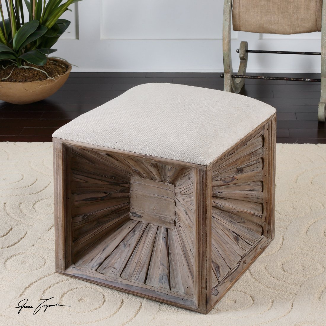 JIA WOODEN OTTOMAN: JIA WOODEN OTTOMAN - A STYLIZED BURST OF NATURAL, WEATHERED FIR WOOD, THIS VERSATILE CUBE HAS A CUSHIONED, NEUTRAL LINEN TOP, DOUBLING ITS USE AS A SEAT OR A FOOTREST. - A STYLIZED BURST OF NATURAL, W