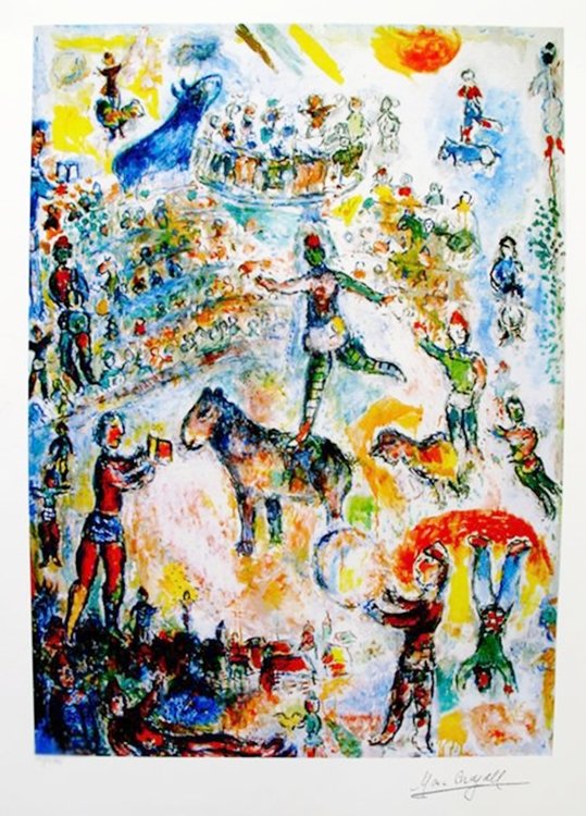 MARC CHAGALL CIRCUS GRAND LIMITED ED. SMALL GICLÉE: Marc Chagall Limited Edition Giclee Titled "circus Grand". This Subject Is Facsimile Signed Which Means It Has A Copy Of Chagall's Signature. Numbered From A Limited Edition Of 375. Image Measures 12.