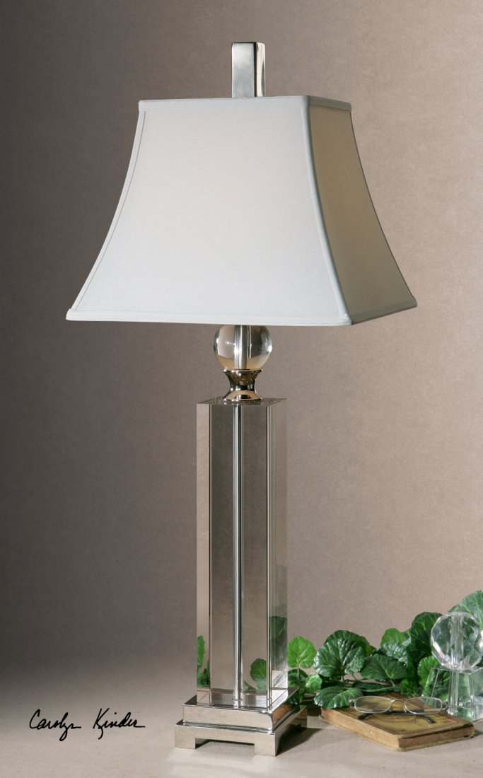 SAPINERO CRYSTAL TABLE LAMP: SAPINERO CRYSTAL TABLE LAMP - THICK CRYSTAL BASE AND BALL ACCENT WITH POLISHED NICKEL PLATED METAL DETAILS. - THICK CRYSTAL BASE AND BALL ACCENT WITH POLISHED NICKEL PLATED METAL DETAILS. THE SQUARE B