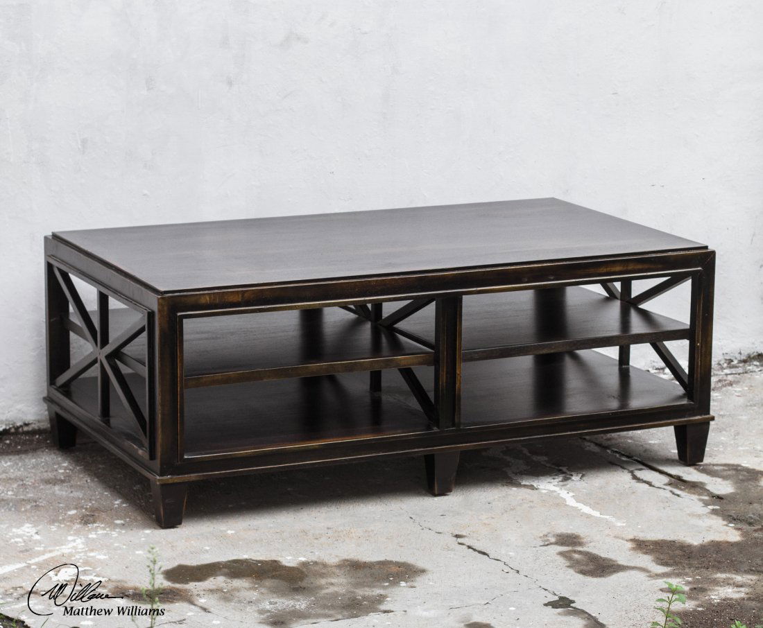 ASADEL WOOD COFFEE TABLE: ASADEL WOOD COFFEE TABLE - CARVED MOLDINGS AND OPEN FRETWORK MADE FROM PLANTATION-GROWN MANGO WOOD IN SOFT, WORN BLACK FINISH. - CARVED MOLDINGS AND OPEN FRETWORK MADE FROM PLANTATION-GROWN MANGO WOOD